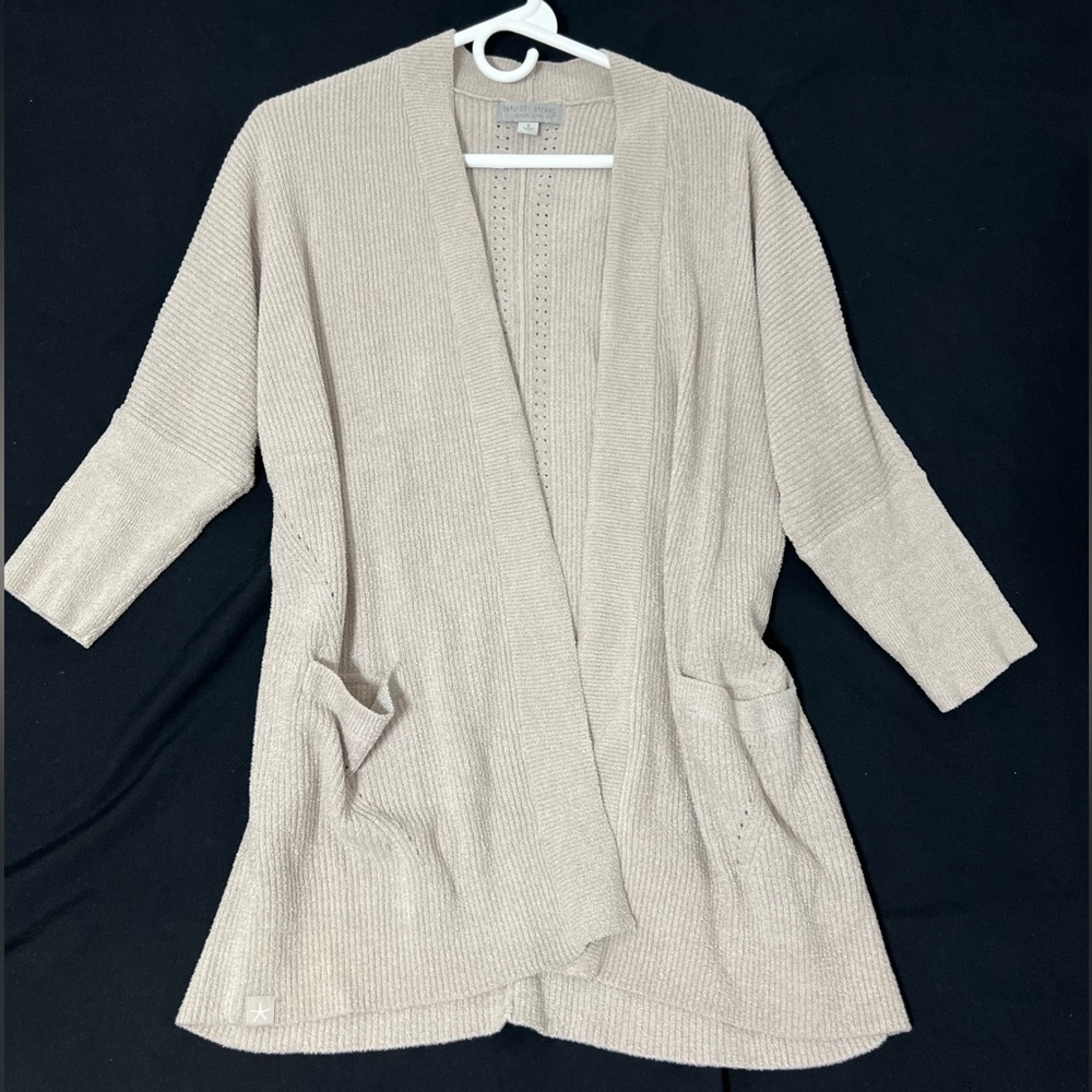 Barefoot Dreams CozyChic Ultra Lite Ribbed Open Front Cardigan Pockets Neutral